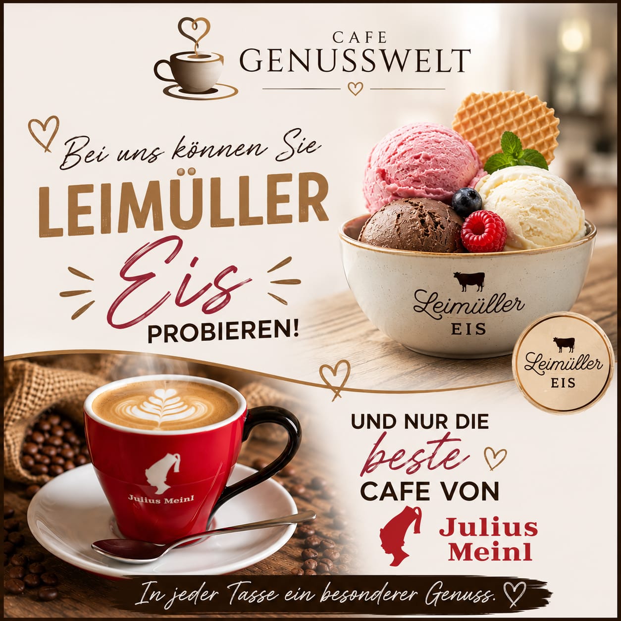 Leimüller Eis und Julius Meinl Kaffee im Café Genusswelt
