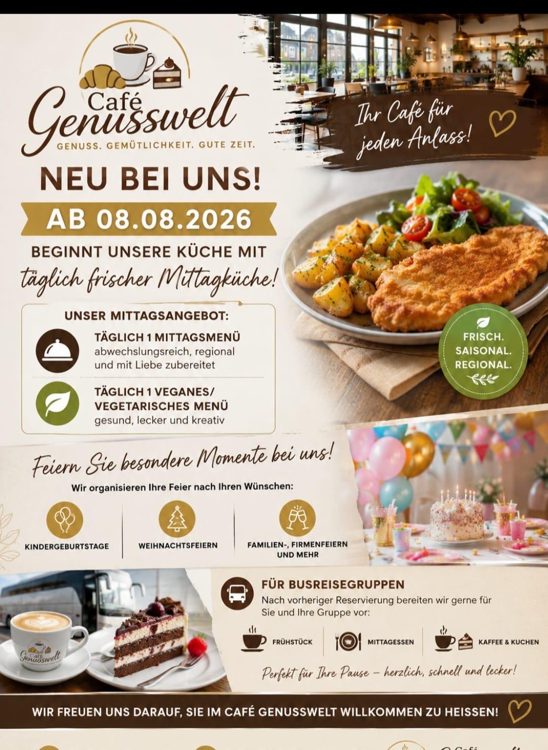 Neu: täglich frische Mittagsküche im Café Genusswelt